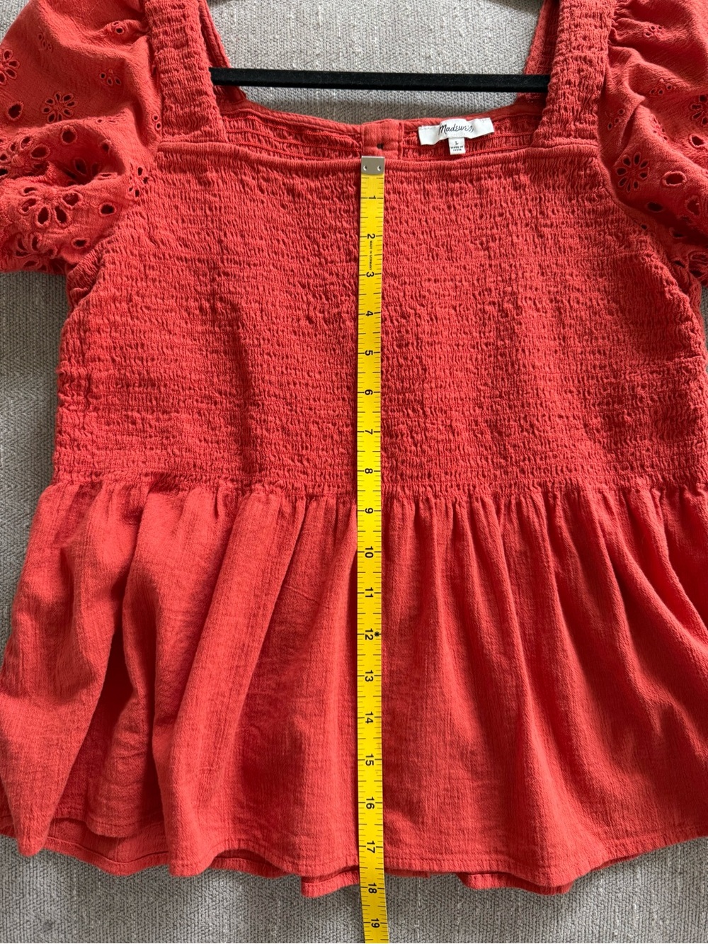 Madewell Lucie Smocked Eyelet Top, Chili Fresno, L - Picture 6 of 7
